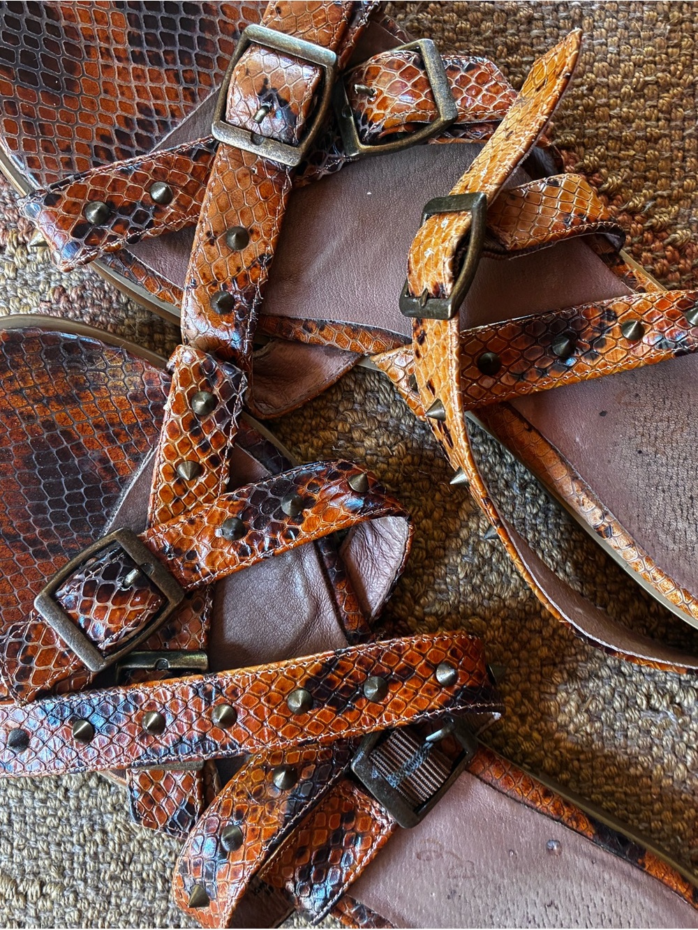 Brown Snake-Print Leather Women’s Sandals